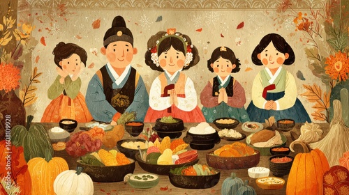 Celebrating traditional korean feast with family south korea illustration autumn warm atmosphere cultural significance
