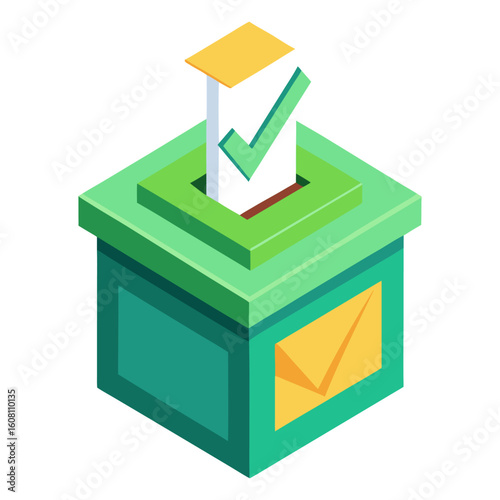 A green ballot box with a white ballot slip featuring a green checkmark being inserted, and an orange envelope with a checkmark on the front.