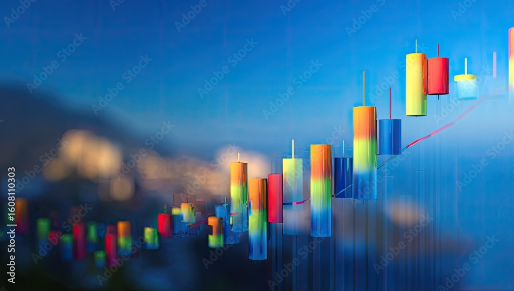 Fototapeta premium Colorful stock chart over a blurred cityscape
