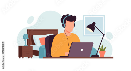 Man working from home on laptop, wearing headphones. Ideal for blog posts, website banners, or articles about remote work.