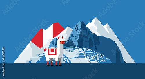 A stylized llama stands proudly before a minimalist depiction of Machu Picchu and the Peruvian flag, set against a vibrant blue sky.