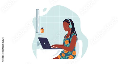 Woman working on laptop in bathroom, perfect for articles about remote work, multitasking, or modern lifestyle.