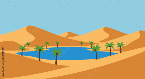 Cartoon illustration of a desert oasis with sand dunes and palm trees.