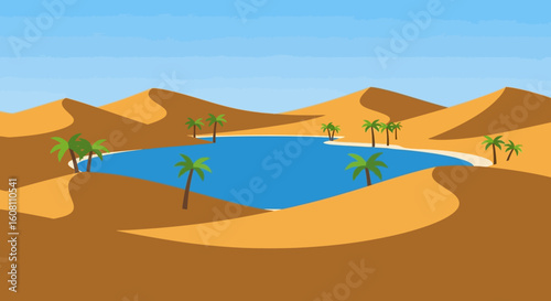 Desert landscape with sand dunes and palm trees in the Sahara