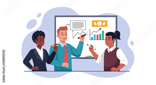 Diverse business team collaborating on a whiteboard, perfect for presentations or reports.