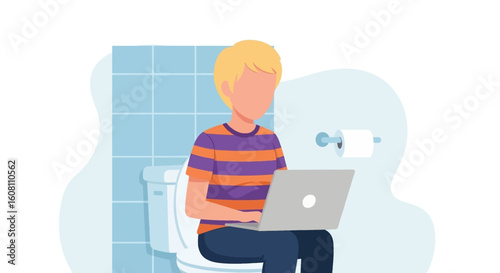 Person working on laptop while sitting on toilet, illustration for website or blog post about work-life balance.