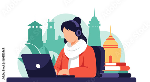 Woman working on laptop, online learning concept illustration, perfect for education websites or brochures.