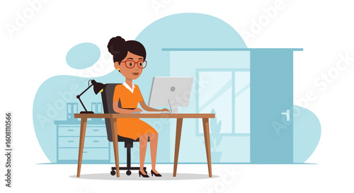 Illustration of a businesswoman working at her desk, perfect for websites, presentations, or brochures related to business, work, or office life.