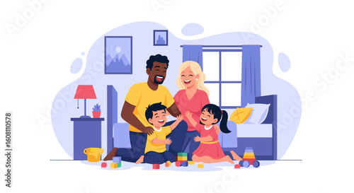 Happy diverse family playing with children, perfect for family blogs, websites, or brochures.
