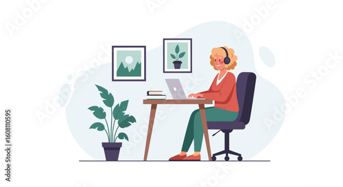 Happy woman working from home on laptop, perfect for blog posts about remote work or freelance lifestyle.
