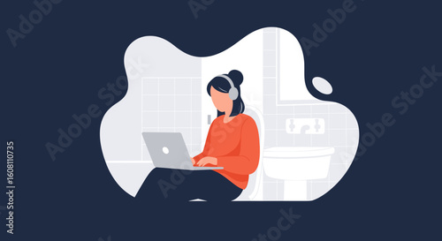 Woman working on laptop in bathroom, illustration for articles about remote work, work-life balance, or unusual workspaces.