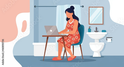 Woman working on laptop in bathroom, perfect for articles on work-life balance or remote work.