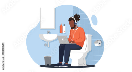 Man working on laptop in bathroom - perfect for articles about remote work, work-life balance, or humorous illustrations.