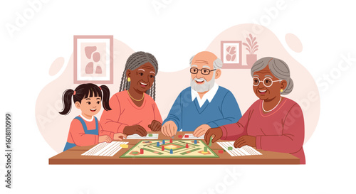 Multigenerational family playing a board game together. Perfect for illustrating family bonding, intergenerational connections, or senior care.