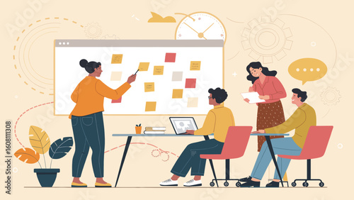 Diverse team brainstorming ideas on whiteboard, perfect for project management or teamwork website.