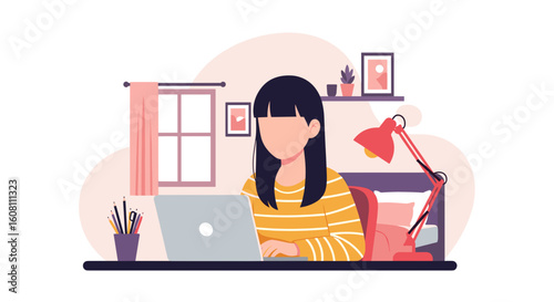Young woman working from home on laptop, perfect for blog posts about remote work or online education.