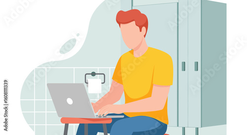 Man working on laptop in bathroom - remote work, freelance, flexibility concept illustration.