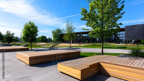 Modern urban public plaza with recreational seating and greenery