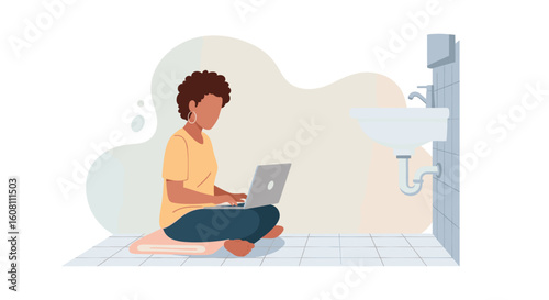 Woman working on laptop in a bathroom - perfect for illustrating remote work, flexibility, or modern lifestyle.