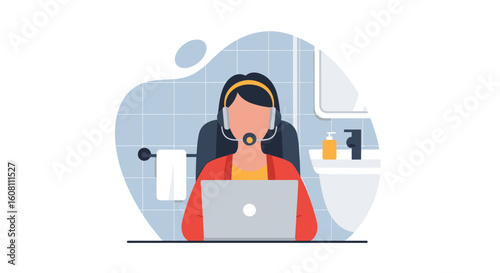 Woman working from home in bathroom, using laptop and headset. Perfect for remote work, telecommuting, or work-life balance articles.