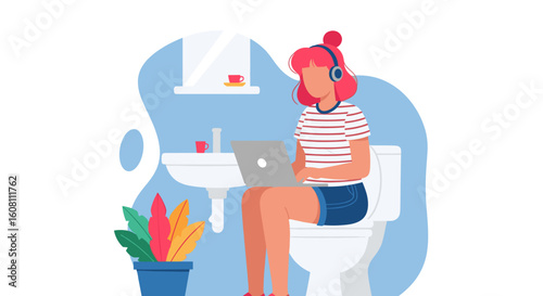 Woman working on laptop in bathroom -  illustration for blog, website, or social media.