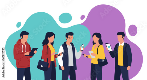 Diverse group of people using mobile devices and tablets, perfect for website banners or app marketing.