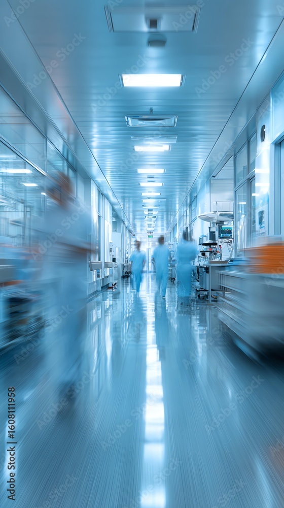 Fototapeta premium Blurred background of a hospital interior with medical equipment and people in motion Blurred view of a hospital corridor with staff.