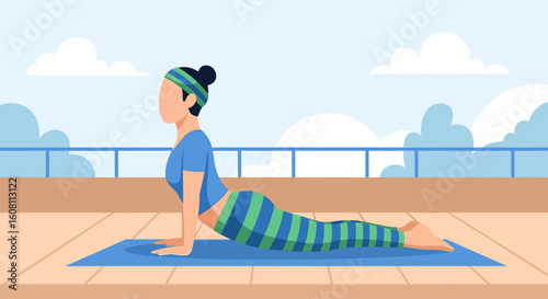 Woman practicing yoga outdoors on a balcony, perfect for wellness websites or brochures.