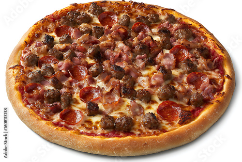 Indulgent meat lover's pizza piled high with pepperoni, sausage, and bacon, perfectly baked with melted cheese for ultimate satisfaction.