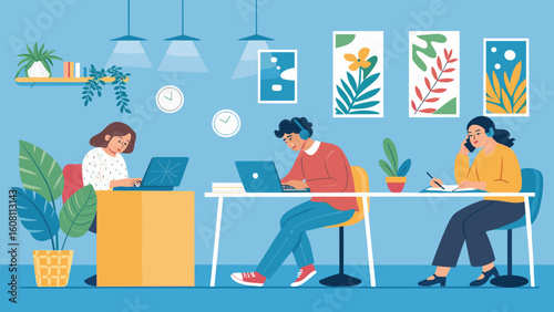 Modern co-working space illustration perfect for website banners, brochures, and presentations.