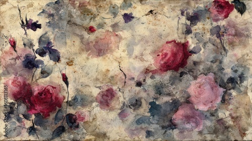Melancholic watercolor garden: wilted roses and violets in grayish-lilac and faded crimson, soft ink bleeds on tea-stained parchment texture