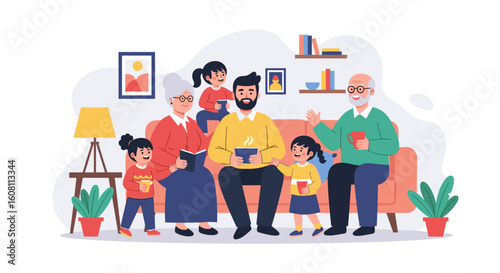 Happy multigenerational family spending quality time together at home, perfect for family blogs or websites.