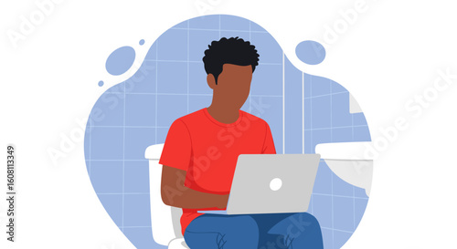 Man working on laptop in bathroom - Illustration for blog, article or website.