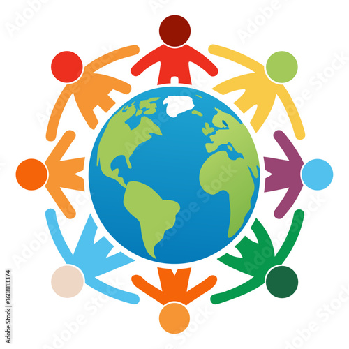 
A colorful illustration showing a group of diverse, stylized human figures holding hands around a blue and green globe, symbolizing unity, diversity, and global community.