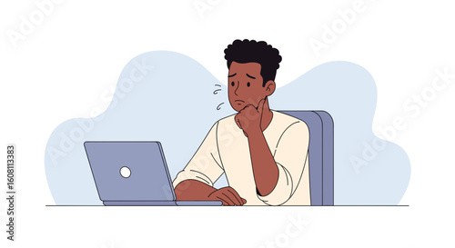 Thoughtful man working on laptop, perfect for website banners or blog posts about problem-solving.