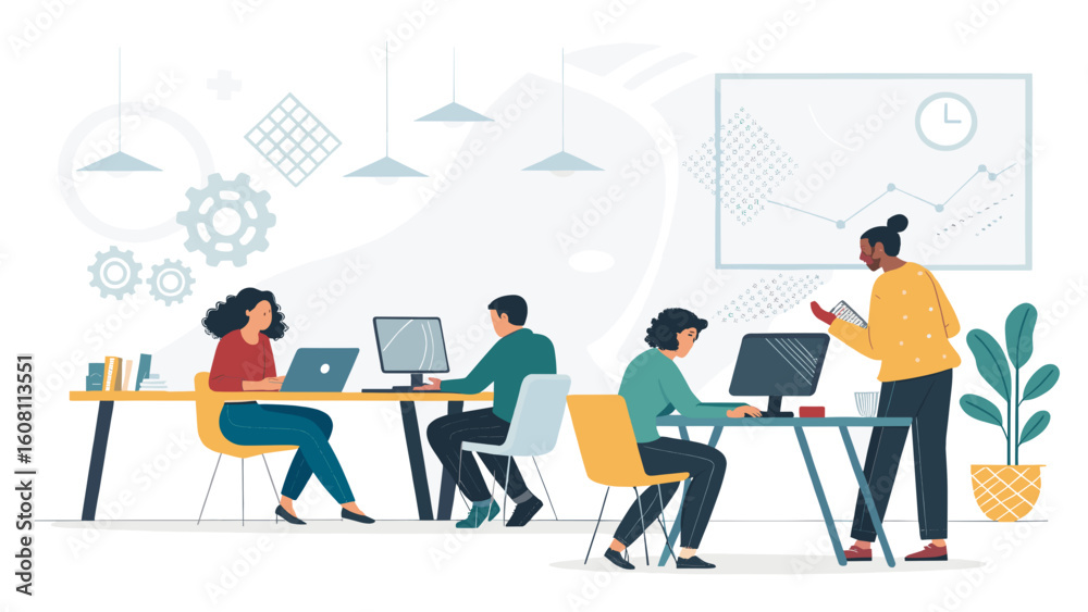 Obraz premium Diverse team collaborating in a modern office, perfect for website banners or business presentations.