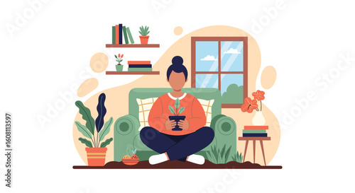 Person sitting in a comfy chair, holding a potted plant. Perfect for blogs about home decor, well-being, or plant care.