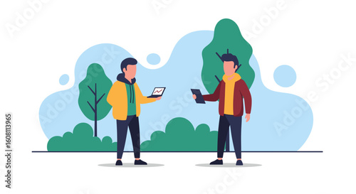 Two colleagues discussing business outdoors, perfect for a modern business brochure or website landing page.