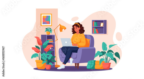 Woman working from home on laptop, comfy armchair, plants, home office, remote work, freelance, illustration for website or blog.