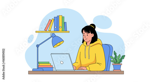 Young woman working on laptop at home office, perfect for blog posts about remote work or online education.