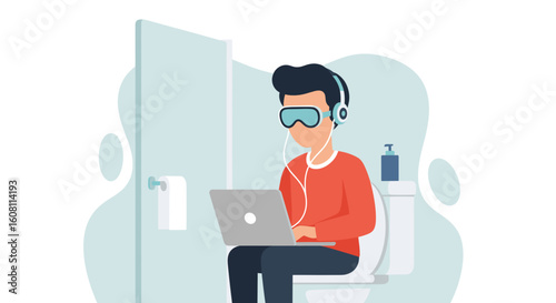 Man working on laptop while sitting on toilet,  illustration for articles about work-life balance or modern lifestyle.