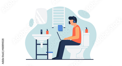 Man working on laptop in bathroom - Illustration for articles about work-life balance, remote work, or unusual workspaces.