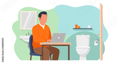 Man working on laptop in bathroom, illustration for articles about work-life balance or remote work.