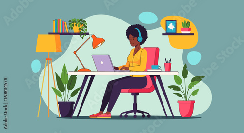 Black woman working from home on laptop, perfect for blog posts about remote work, freelancing, or online business.