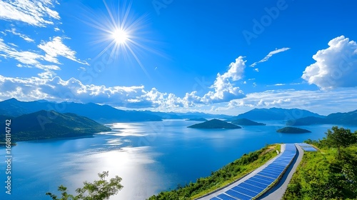 Scenic mountain lake with boardwalk trail and sustainable tourism infrastructure