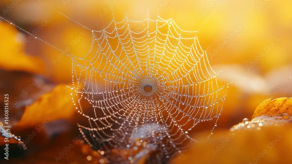 Macro shot of a spider web covered in dew drops on autumn leaves at sunrise