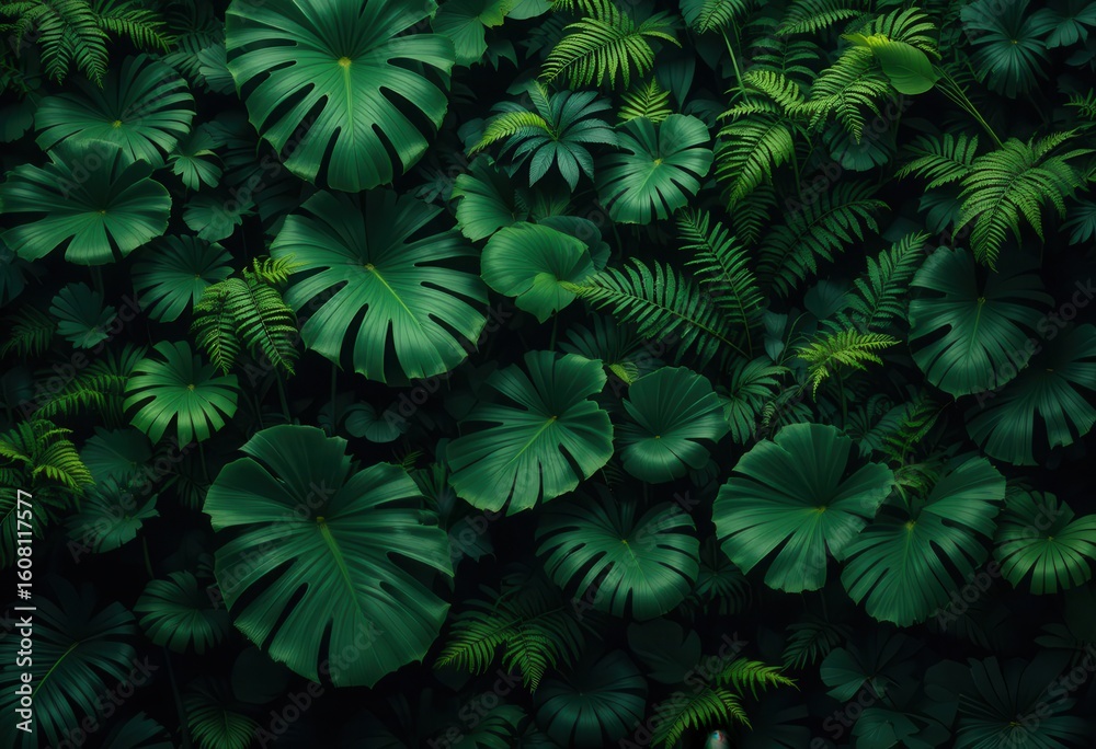 Fototapeta premium Lush green canopy featuring monstera and ferns, vibrant botanical arrangement