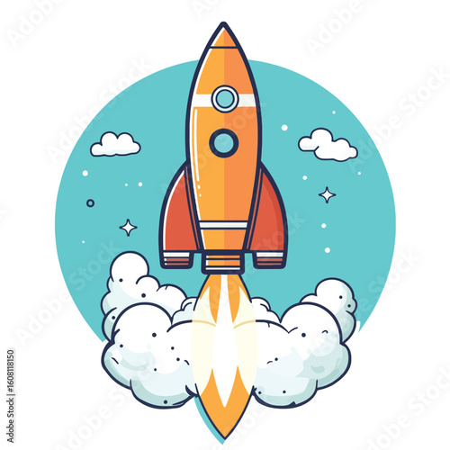 rocket launching up, vector flat line style concept illustration, vector style simple color