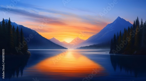 Serene mountain lake reflects a vibrant sunset