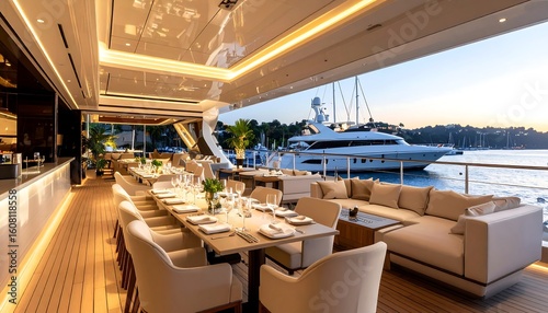 Luxury yacht dining deck at sunset.  Outdoor dining area with long table,  beige furniture,  and views of a marina.  Modern design,  warm lighting